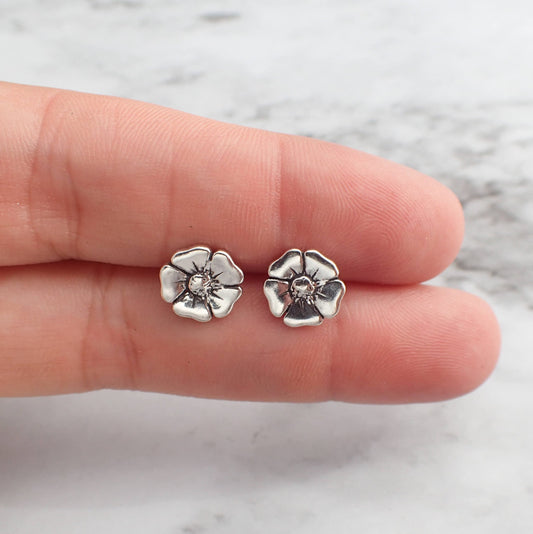 Poppy Stud Earrings, Silver Flower Stud Earrings, Silver Poppy Jewelry, Floral Stud Earrings, Hypoallergenic Earrings, Floral Gift for Her