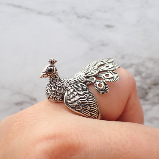 Peacock Ring, Peacock Jewelry, Silver Peacock Ring, Bird Ring, Peacock Feather Jewelry, Solid Sterling Silver Peacock Ring, Silver Bird Ring