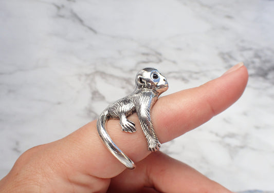 Silver Monkey Ring, Cute Monkey Jewelry, Unique Monkey Gift for Her, Monkey Wrap Ring, Silver Animal Jewelry, Capuchin Monkey Jewelry