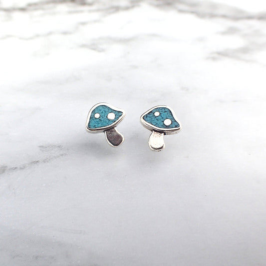 Mushroom Silver Earrings, Turquoise Mushroom Stud Earrings, Mushroom Jewelry, Mushroom Earrings, Toadstool Earrings, Cute Mushroom