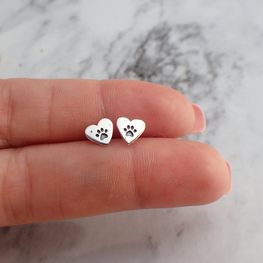 Heart Paw Print Earrings, Dog Paw Earrings, Cat Paw Earrings, Silver Paw Print Earring Studs, Pet Bereavement Gift, Heart Pet Earrings, Paw