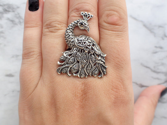 Silver Peacock Ring, Bird Ring, Peacock Feather Jewelry, Sterling Silver Peacock Ring, Statement Peacock Ring, Peacock Jewelry, Ornate Ring