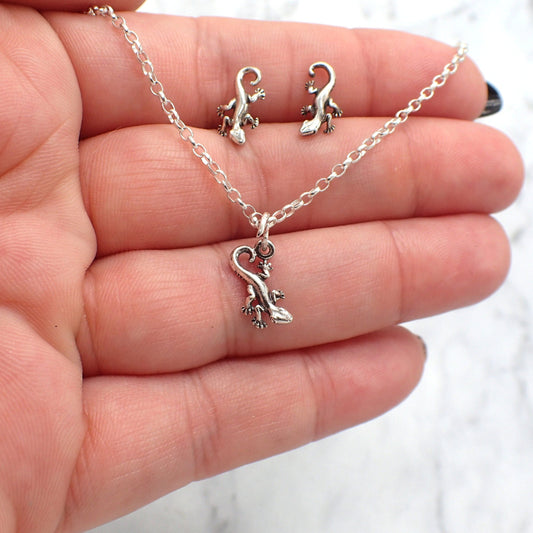 Lizard Charm Necklace, Silver Lizard Necklace, Gecko Necklace, Lizard Stud Earrings, Lizard Jewelry, Lizard Necklace Gift, Gecko Gift