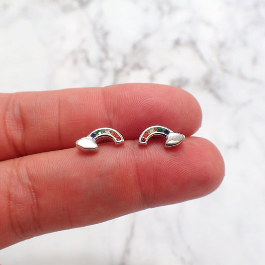 Tiny Silver Rainbow Earrings, Rainbow Cloud Earrings, Women's Stone Rainbow Earrings, Kids Silver Rainbow Earrings, CZ rainbow Studs, Cloud