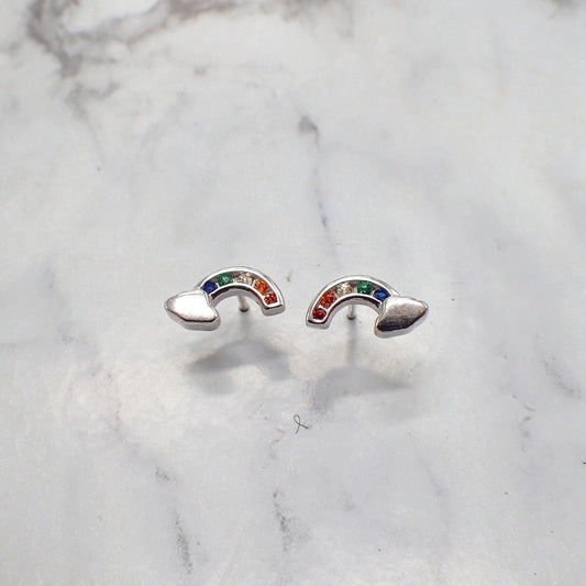 Tiny Silver Rainbow Earrings, Rainbow Cloud Earrings, Women's Stone Rainbow Earrings, Kids Silver Rainbow Earrings, CZ rainbow Studs, Cloud