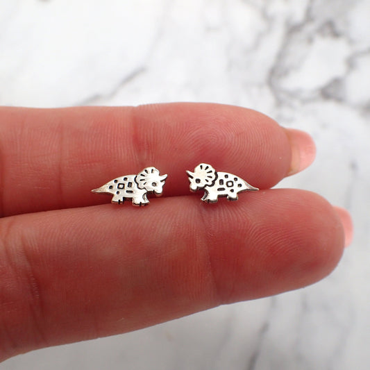 Triceratops Earrings, Silver Dinosaur Earrings, Women's Dinosaur Jewelry, Kids Dinosaur Earrings, Triceratops Jewelry, Silver Dinosaur