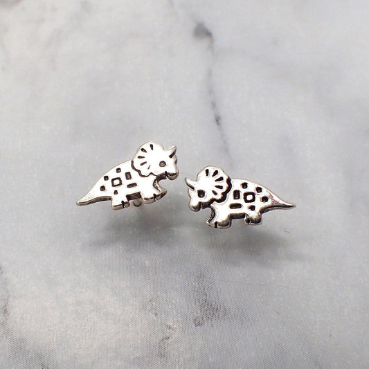 Triceratops Earrings, Silver Dinosaur Earrings, Women's Dinosaur Jewelry, Kids Dinosaur Earrings, Triceratops Jewelry, Silver Dinosaur