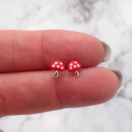 Red Mushroom Earrings, Epoxy Mushroom Earrings, Mushroom Studs, Tiny Mushroom Earrings, Girls Mushroom Earrings, Second Hole Mushroom Stud