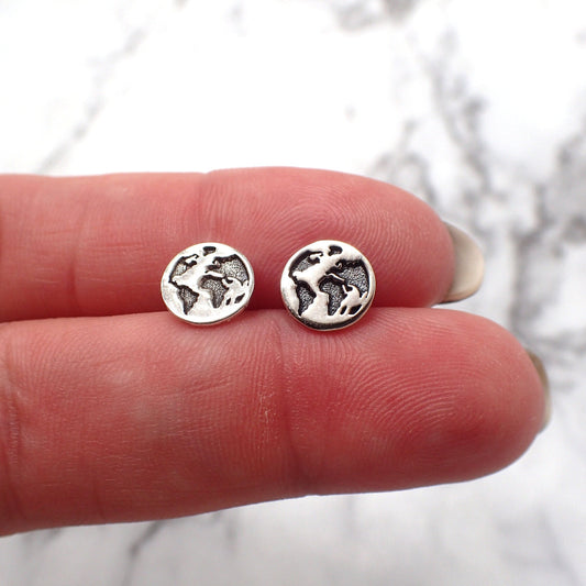 World Map Earrings, Globe Earrings, Silver Map Earrings, World Map Jewelry, Map Jewelry, Travel Stud Earrings, World Earrings, Map Studs