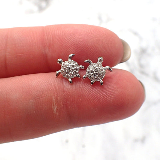 Crystal Turtle Earrings, Crystal Turtle Studs, CZ Turtle Earrings, Kids Turtle Earrings, Teen Turtle Earrings, Sterling Silver Turtle Studs