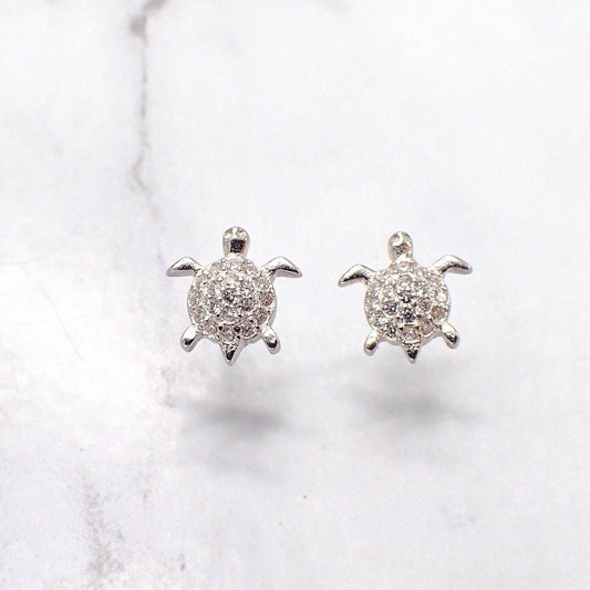 Crystal Turtle Earrings, Crystal Turtle Studs, CZ Turtle Earrings, Kids Turtle Earrings, Teen Turtle Earrings, Sterling Silver Turtle Studs