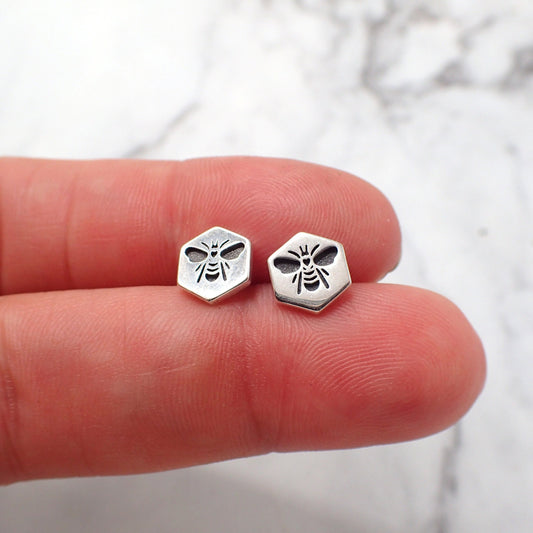 Bee Earrings, Honeycomb Bee Earrings, Honeybee Earrings, Silver Bee Stamp Earrings, Hexagon Bee Earrings, Bee Keeper Gift, Silver Honeycomb