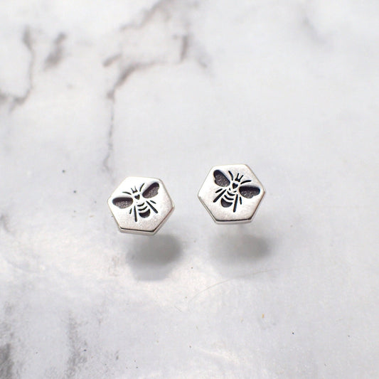 Bee Earrings, Honeycomb Bee Earrings, Honeybee Earrings, Silver Bee Stamp Earrings, Hexagon Bee Earrings, Bee Keeper Gift, Silver Honeycomb