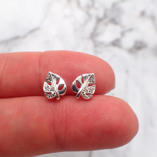 Monstera Earrings, Crystal Monstera Studs, Silver CZ Monstera Earrings, Leaf Earrings, Monstera Jewelry, Plant Earrings, Plant Jewelry