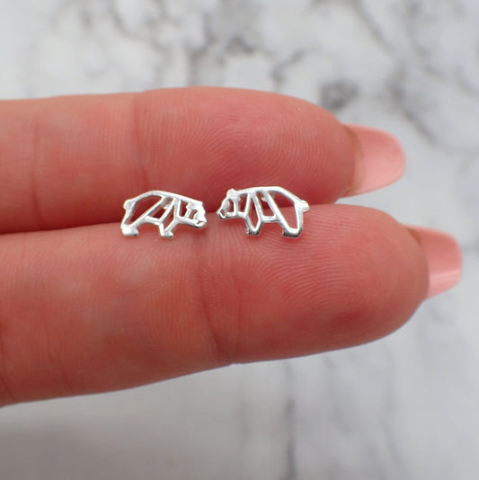 Geometric Bear Earrings, Silver Bear Earrings, Bear Studs, Small Bear Earrings, Womans Bear Jewelry, Kids Bear Earrings, Bear Jewelry Gift